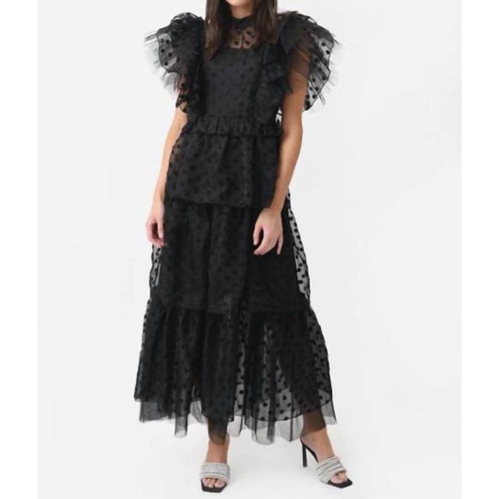 Hunter Bell Annabel Tiered Mock-Neck Ruffle-Sleeve Gown